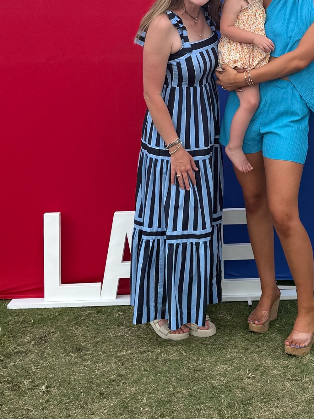Striped Tie-Shoulder Maxi Dress in Light Blue & Navy